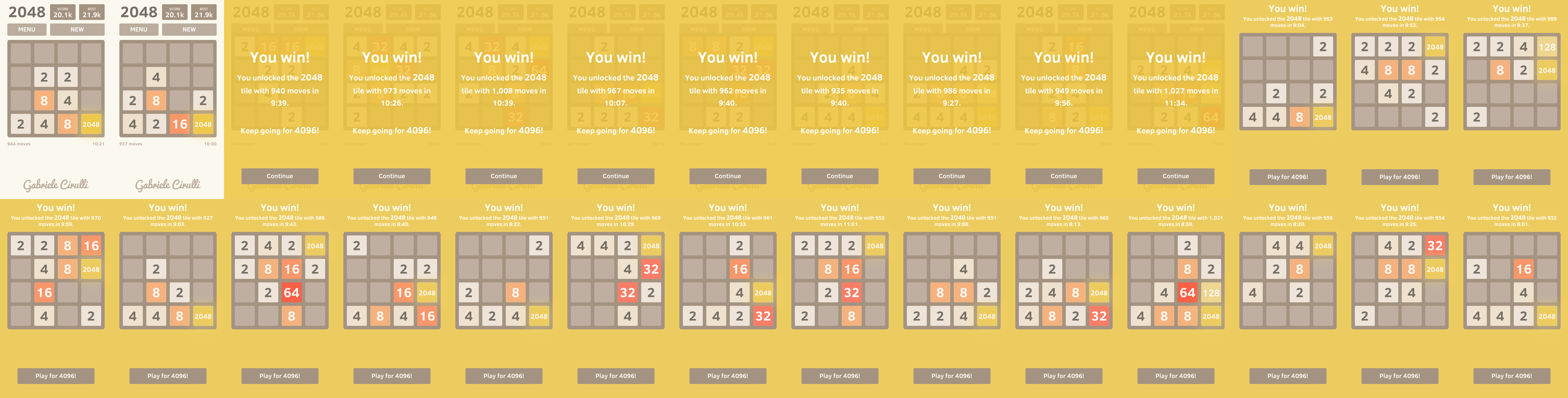 Montage of 28 winning games of 2048