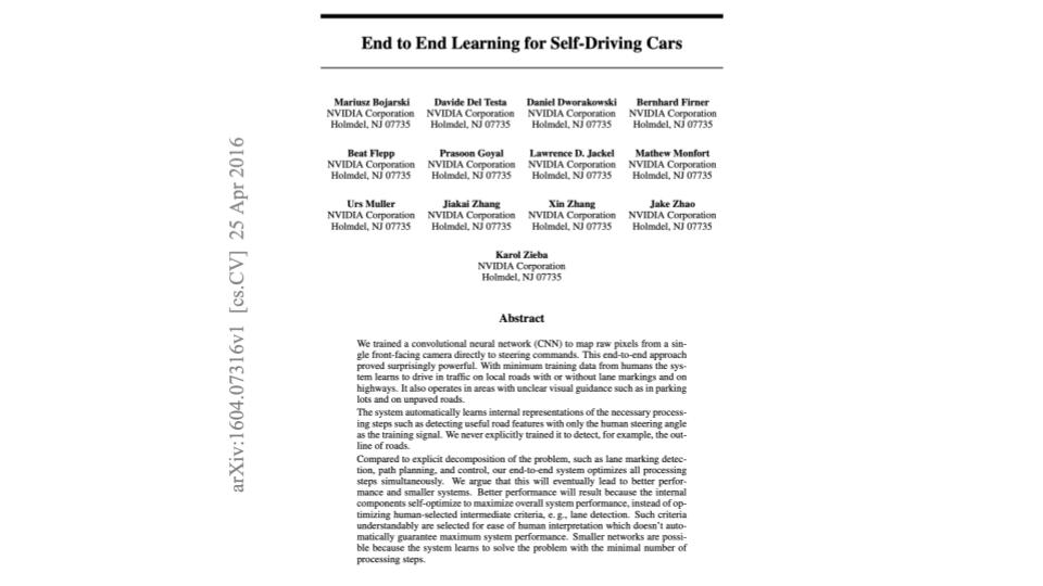 First page of NVIDIA's End-to-End Learning for Self-Driving Cars